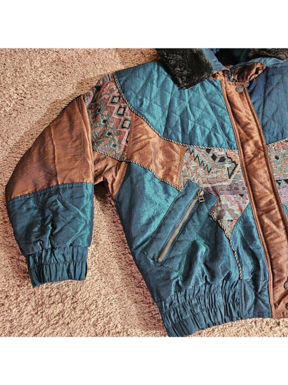 Vintage East West Coat Womens M Quilted Hood Faux Fur Trim Jacket Boho Y2K - Picture 3 of 14